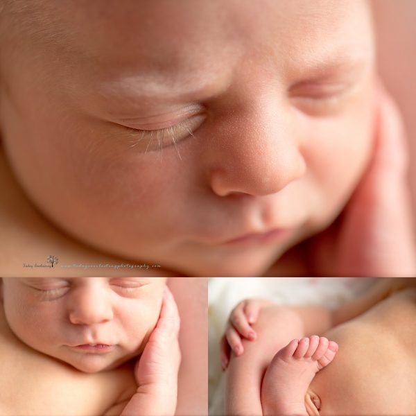 Newborn baby detail collage highlighting baby eyelashes, toes, lips, etc