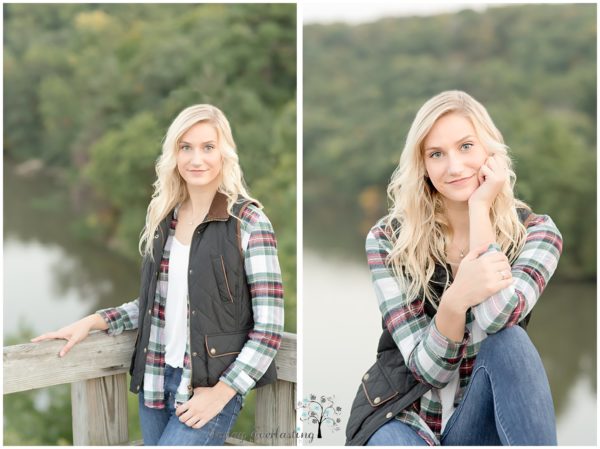 Side by side photos of beautiful senior high school student with long blonde hair weairing flannel plaid shirt and a vest with denim, and a curving river background.