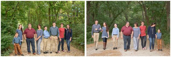 Family portrait session with group walking together and laughing on nature trail