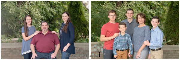 family portraits grouped with father and daughters and mother with sons in park like outdoor setting