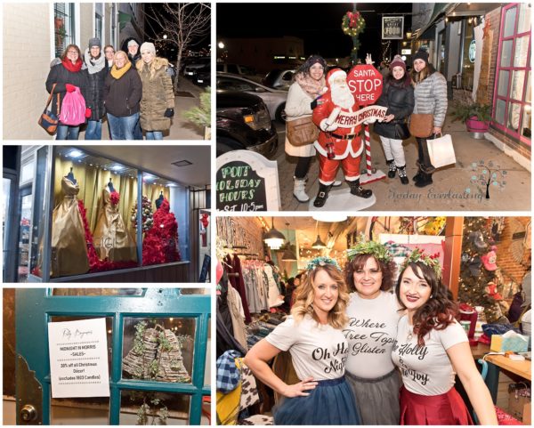 Cute holiday shoppers dressed up, cozy storefront