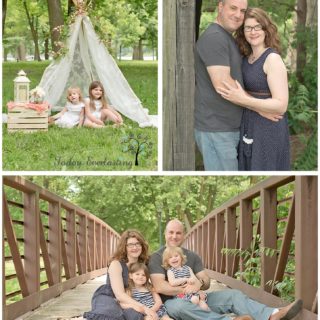 Cute family outdoor portrait with children under lace teepee and family seated on rustic bridge