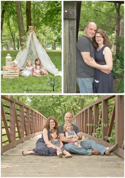 Cute family outdoor portrait with children under lace teepee and family seated on rustic bridge