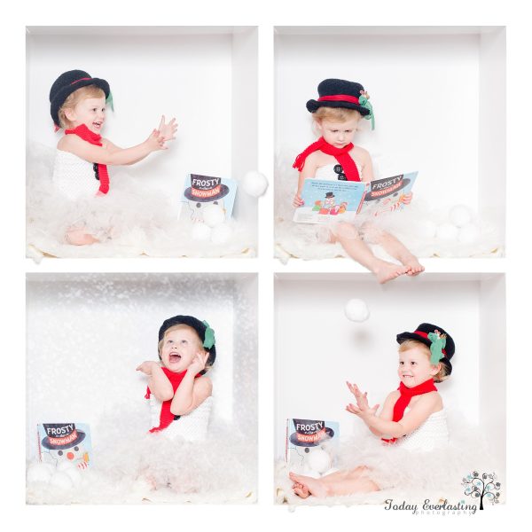 Little girl in snowman costume playing with snow