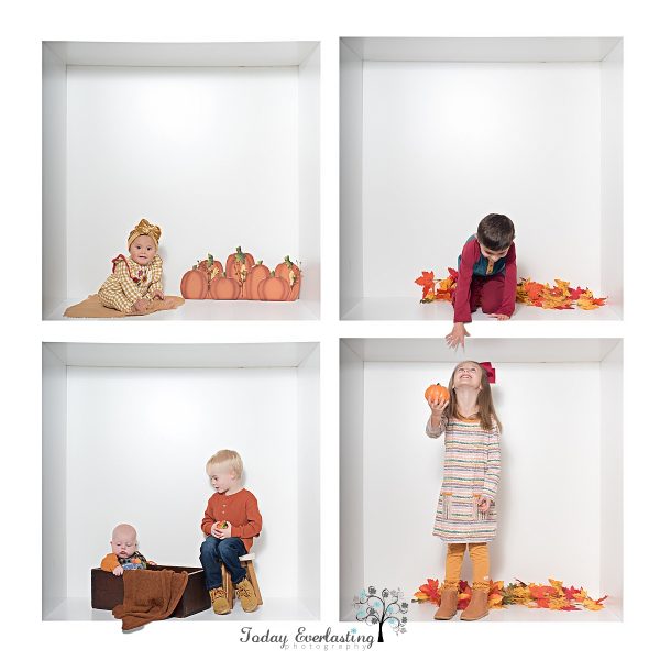 Four Children in different poses in fall attire sitting in different compartments of a box