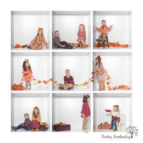 In the box session with multiple children in seasonal clothes interacting with each other