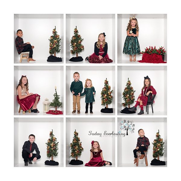 Children in formal holiday clothing interacting for an in the box photo session