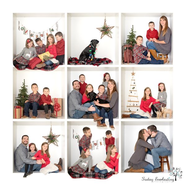 Family in a white box with Christmas decorations