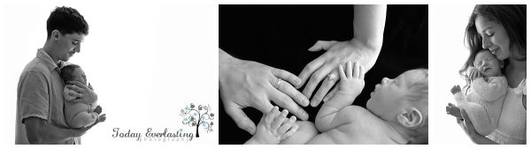 A collage of black and white photos showing a father holding a newborn, a family with hands on the newborn, and an mother holding her newborn baby.